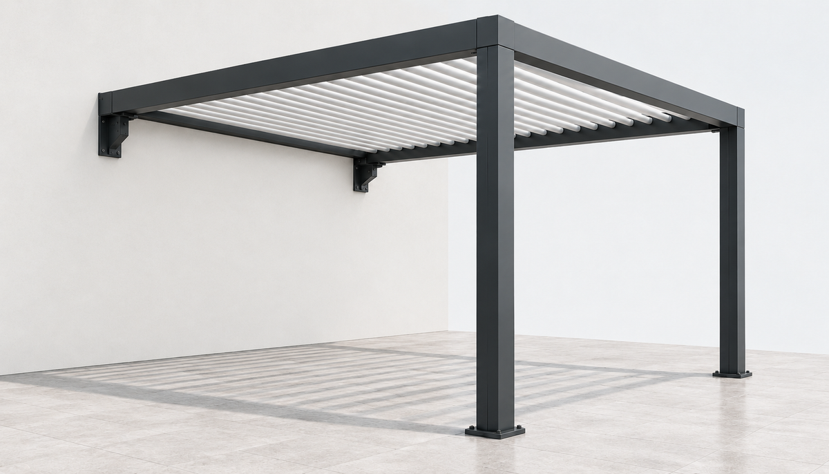 Wall-mounted charcoal aluminium pergola attached to a house