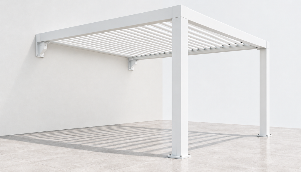 Wall-mounted white aluminium pergola with louvre roof
