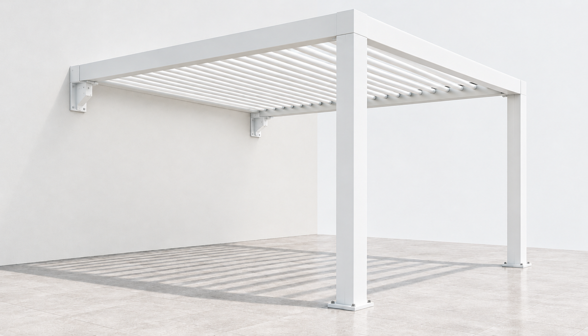 Wall-mounted white aluminium pergola with louvre roof