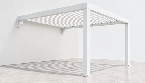 Wall-mounted white aluminium pergola with louvre roof