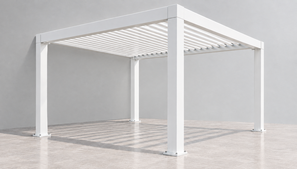 Freestanding white aluminium pergola with louvre roof